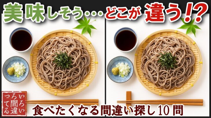 【間違い探しで脳トレ】シニアにおすすめ！美味しそうなグルメ料理画像で無料クイズ｜大人の脳活にも◎お腹がすいて食べたくなるざるそば難問