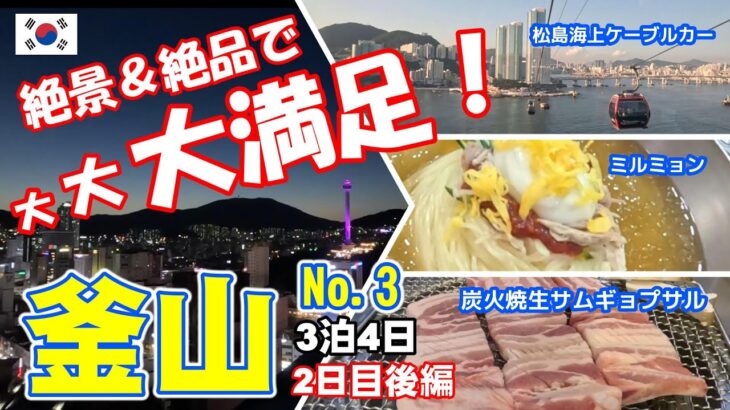 【シニア夫婦が行く釜山2日目後編】行列ができるミルミョン名店で昼食、松島ケーブルカーで空中散歩。無料の穴場展望台で夜景を満喫。夕食は飛び込みで炭火焼き生サムギョプサルを賞味。