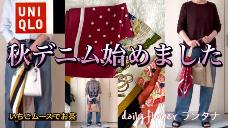 【60代70代ファッション】17 今、スカーフのブームがきてます。古いスカーフを差し色にコーデしてみました。ZARA女のユニクロデニムです。