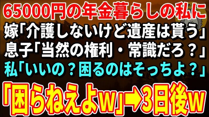 【スカッとする話】65000円の年金暮らしの私に息子夫婦「介護しないけど遺産は貰う」私「いいの？困るのはそっちよ？」「困らねえよｗ」→3日後ｗ【朗読】【シニア】