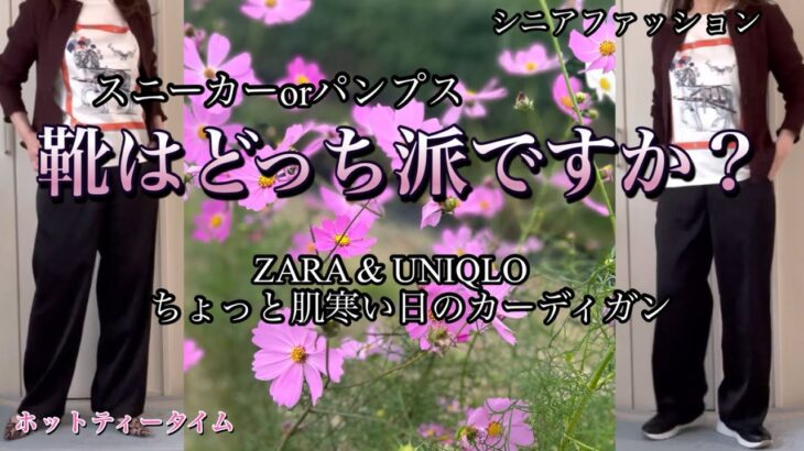 【60代70代ファッション】23 急に肌寒くなった日はカーディガンが一番です。コーデは同じでも靴の種類を変えて見ました。いかがでしょうか？