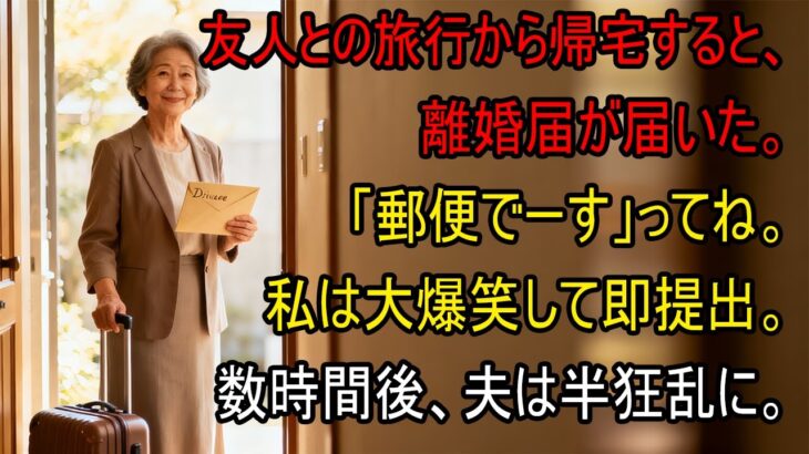 友人とのシニア旅行から帰ると夫から郵送で離婚届が「郵便でーす」→大爆笑し30秒で提出、即引っ越しすると半狂乱の夫から300件の鬼電が   【シニアライフ】【60代以上の方へ】