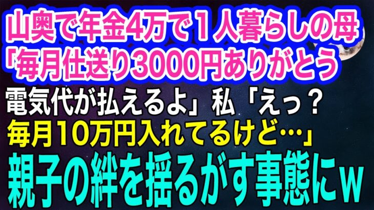 友達もいない山奥で年金4万で１人暮らしする母「毎月仕送り3000円ありがとう、電気代払えるよ」私「えっ？毎月10万円入れてるよ⁉」→急いで帰省すると…ｗ【スカッとする話・年金シニア生活】