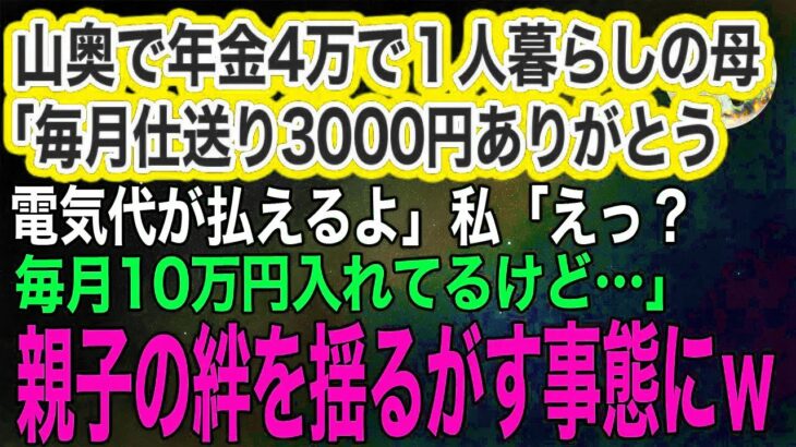 友達もいない山奥で年金4万で１人暮らしする母「毎月仕送り3000円ありがとう、電気代払えるよ」私「えっ？毎月10万円入れてるよ⁉」→急いで帰省すると…ｗ【スカッとする話・年金シニア生活】