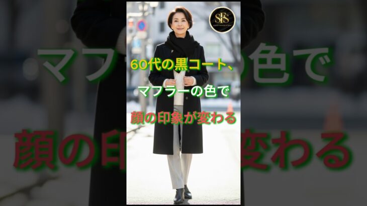 60代の黒コート、マフラーの色で顔の印象が変わる