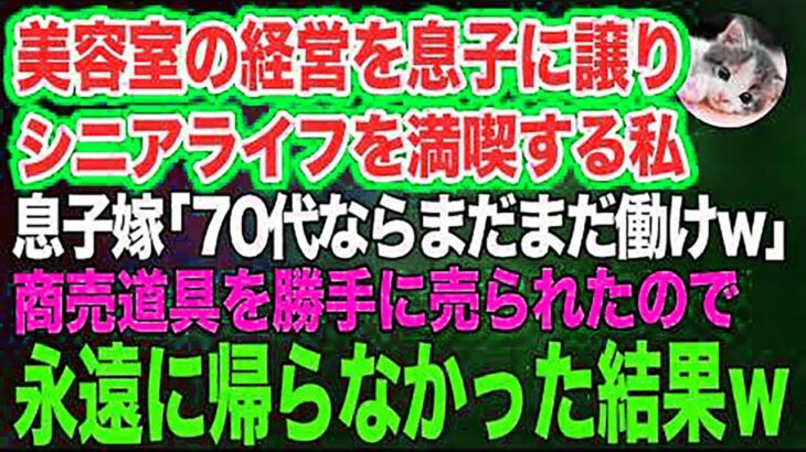 美容室の経営を息子に譲りシニアライフを満喫する私。しかし息子嫁「無職は寄生虫！70代ならまだまだ働けｗ」→商売道具を勝手に売られたので永遠に帰らなかった結果