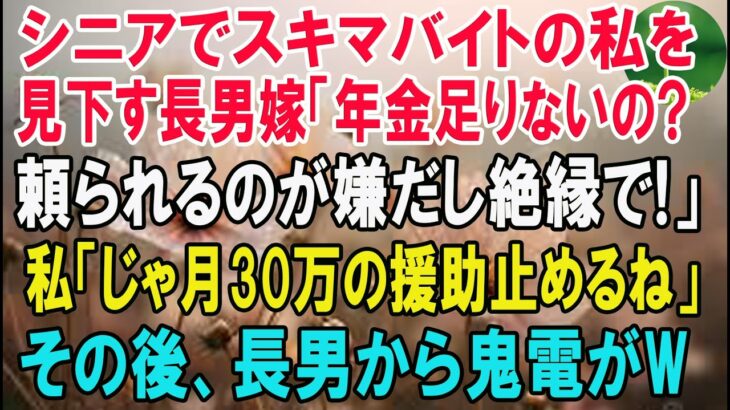 シニアでスキマバイトをする私を見下す長男嫁「年金が足りないの？ｗ頼られるのが嫌だし絶縁で」私「じゃあ…月30万の援助を止めるね」→その後、長男から鬼電が