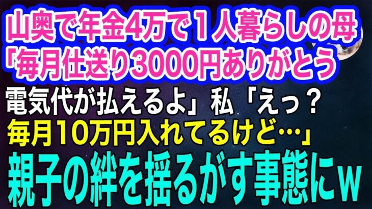 友達もいない山奥で年金4万で１人暮らしする母「毎月仕送り3000円ありがとう、電気代払えるよ」私「えっ？毎月10万円入れてるよ⁉」→急いで帰省すると…ｗ【スカッとする話・年金シニア生活】