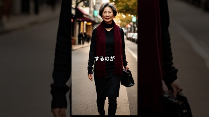 60代女性、冬のファッション、トーンオントーンコーデ、ワンピースと軽いマフラーのコーデ、This shows  a tone-on-tone winter outfit for seniors .