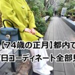 お正月コーデ　Tokyo senior lifestyle ７０代夫婦　シニアコーデ　おせち　新年会　東京ドライブ　赤坂　日枝神社　全国の可愛いおみくじ冬の白いコート ホテルビュッフェ