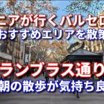 早朝のランブラス通りの散歩は気持ち良い｜シニアが行くバルセロナ旅行でランブラス通りを散歩｜バルセロナのランブラス通り｜夫婦で早朝のランブラス通りの散歩は気持ち良い｜ミロのモザイク画が有るランブラス通り