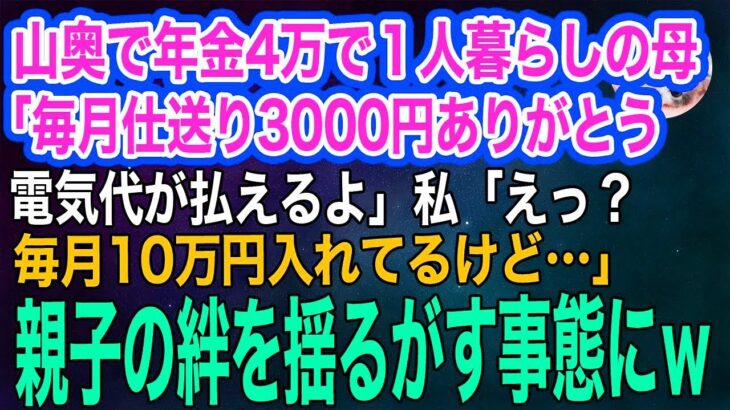 友達もいない山奥で年金4万で１人暮らしする母「毎月仕送り3000円ありがとう、電気代払えるよ」私「えっ？毎月10万円入れてるよ⁉」→急いで帰省すると…ｗ【スカッとする話・年金シニア生活】