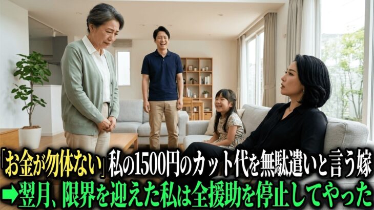 「お義母さんに美容院なんて勿体ない」毎月3万円の美容サロンに通う嫁が、月15万円援助する私の1500円のカット代を「無駄遣い」と言う。翌月、全援助を停止した結果【シニアのスカッと朗読】【老後の