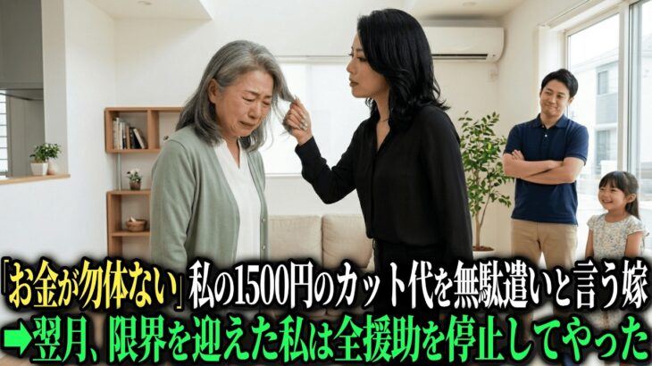 「お義母さんに美容院なんて勿体ない」毎月3万円の美容サロンに通う嫁が、月15万円援助する私の1500円のカット代を「無駄遣い」と言う。翌月、全援助を停止した結果【シニアのスカッと朗読】【老後の知恵】