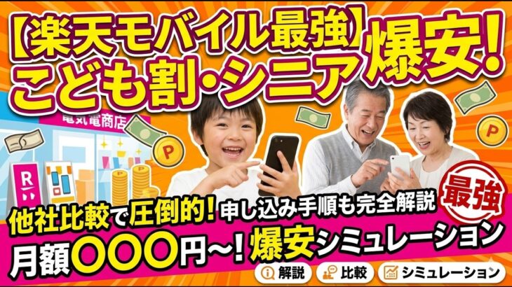 【劇的節約】楽天モバイル「最強こども割」「最強シニアプログラム」が他社より圧倒的にお得な理由！家族3人で月4,000円台のシミュレーションも公開【2026年最新】