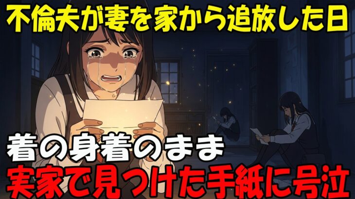 【アニメ】不倫した夫が専業主婦の私をスマホと財布だけ持たせて追放…両親が他界後、無人になった実家へ何とか帰ると、机の裏に手紙が…読んだ私は号泣→実は【修羅場】【シニア】