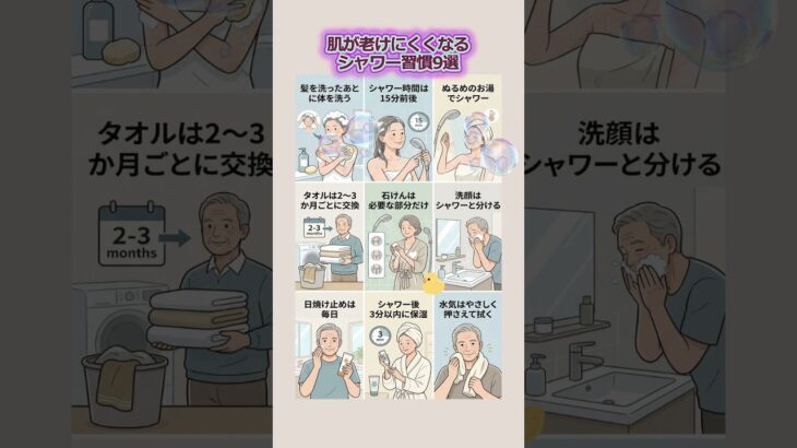 肌が老けにくくなるシャワー習慣9選                                         #肌ケア #肌の老化対策 #シャワー習慣 #乾燥対策 #保湿ケア