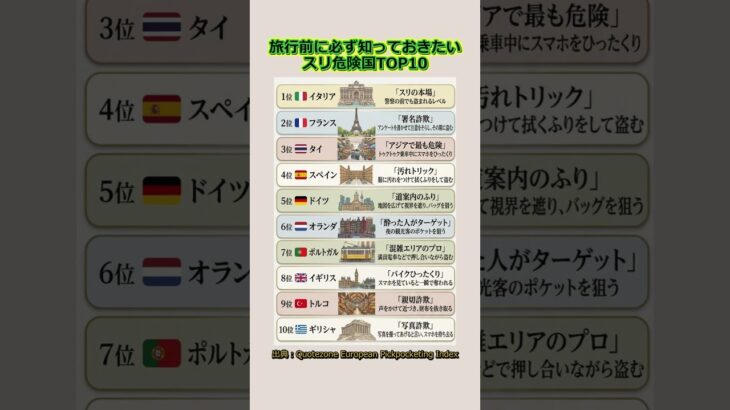 旅行前に必ず知っておきたいスリ危険国TOP10                                     #海外旅行 #旅行注意点 #スリ対策 #防犯対策 #旅行防犯