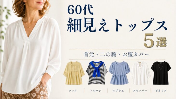 【シニアファッション】50代60代の夏の細見え神トップス5選｜首元・二の腕・お腹カバー