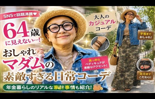 👒✨「64歳には見えない…！」デニムジャケット×迷彩ロングスカート姿が美しすぎるとSNS騒然💖👗 手首のアクセから真っ赤なペディキュアまで完璧すぎる“大人カジュアルコーデ”に絶賛の嵐！！🔥🌿 「こん
