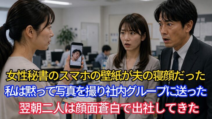 女性秘書のスマホの壁紙が、夫の寝顔だった。私は黙って写真を撮り、社内グループに送った――翌朝、二人は顔面蒼白で出社してきた。