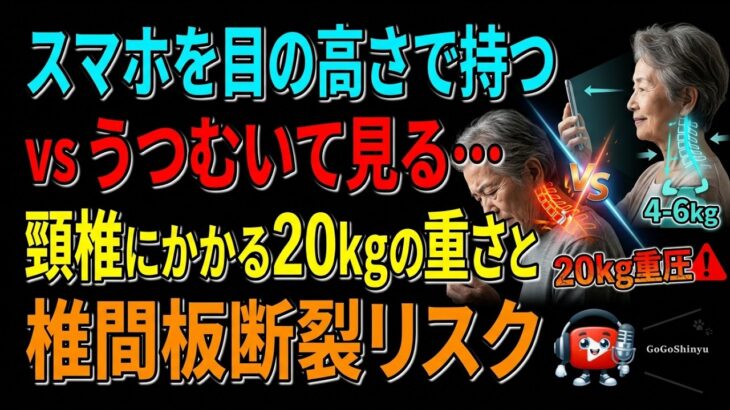 スマホを目の高さで持つ vs うつむいて見る 頸椎にかかる20kgの重さと椎間板断裂リスク