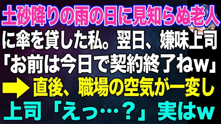 土砂降りの雨の日に見知らぬ老人に傘を貸した私。翌日、嫌味な上司「お前は今日で契約終了ねｗ」→直後、職場の空気が一変し上司「えっ？あなたは…」実はｗ【スカッとする話・年金シニア生活】