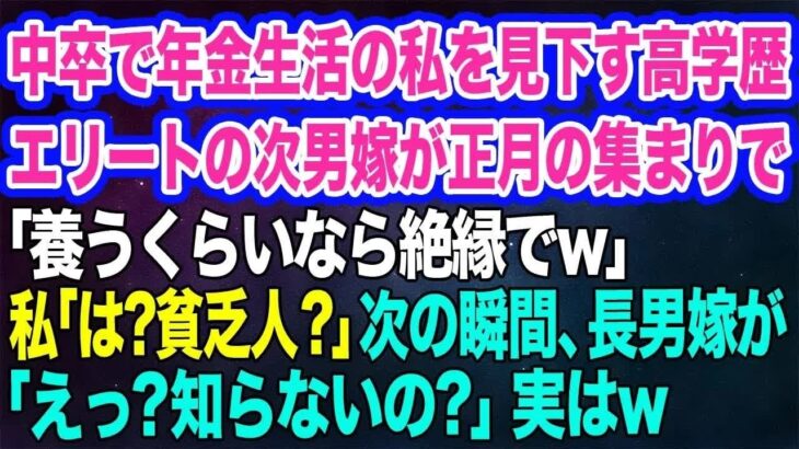 中卒で年金生活の私を見下す高学歴エリートの次男嫁が正月の集まりで「養うくらいなら絶縁でw」私「は？貧乏人？」次の瞬間、長男嫁が「えっ？知らないの？」→実はw【スカッとする話】