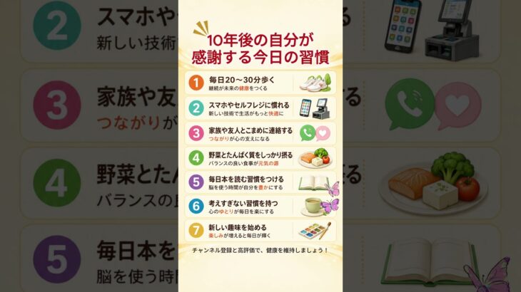 02256210年後の自分が感謝する今日の習慣 #健康 #健康習慣 #シニア #60代 #70代 #健康寿命 #人生 #毎日の習慣 #読書 #ウォーキング #スマホ #趣味