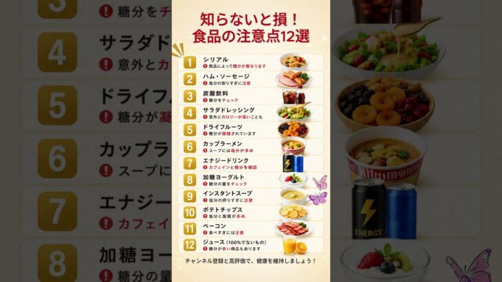 知らないと損！食品の注意点12選 #健康 #健康習慣 #食生活 #シニア #健康寿命 #食品 #食事 #栄養 #糖分 #塩分 #健康情報 #毎日の健康 #YouTubeShorts #雑学 #食事改善