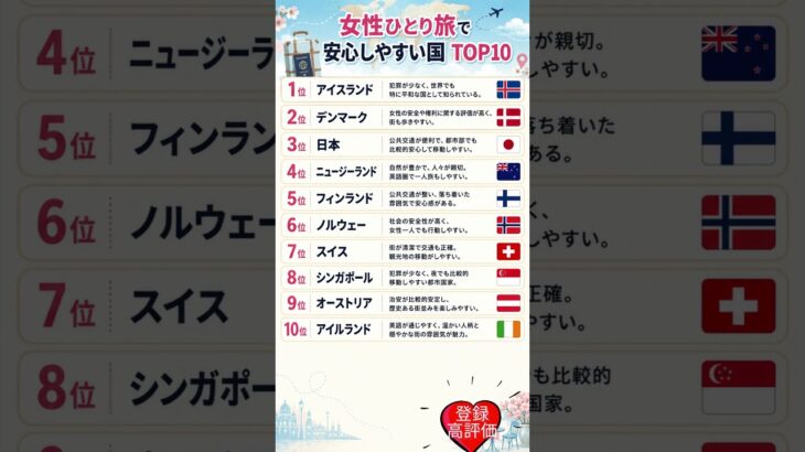 女性ひとり旅で安心しやすい国 TOP10