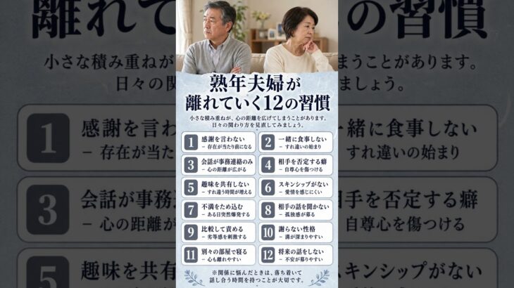 離婚しやすい夫婦の12の特徴　#シニア恋愛 #夫婦関係 #熟年離婚 #シニア #50代 #60代 #70代 #人生相談 #離婚予防 #夫婦の危機 #熟年夫婦 #家庭円満